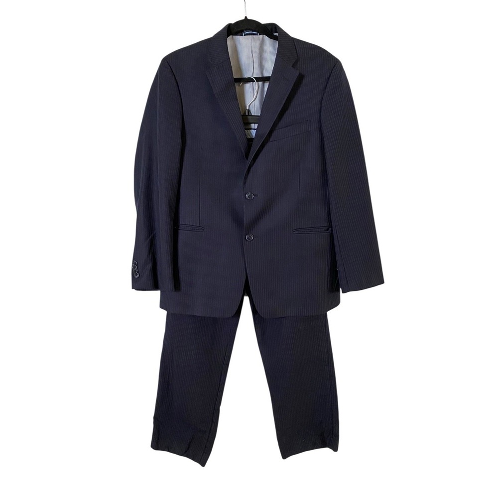 Tommy Hilfiger Mens Navy Blue Pinstriped Wool Suit Jacket 40S Pants 30" x 27"